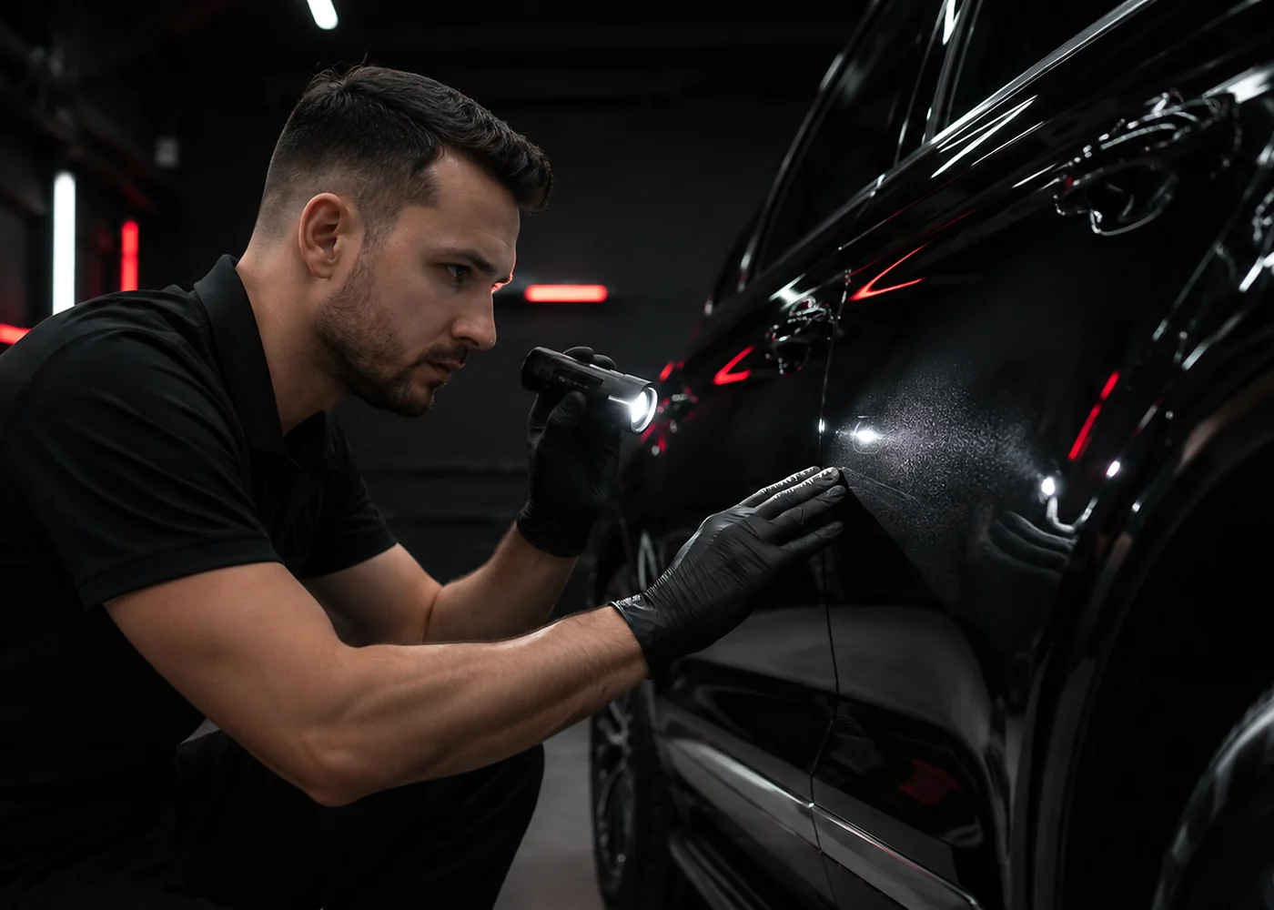 Professionelle Detailarbeit und Lackkontrolle im dunklen Aufbereitungsstudio